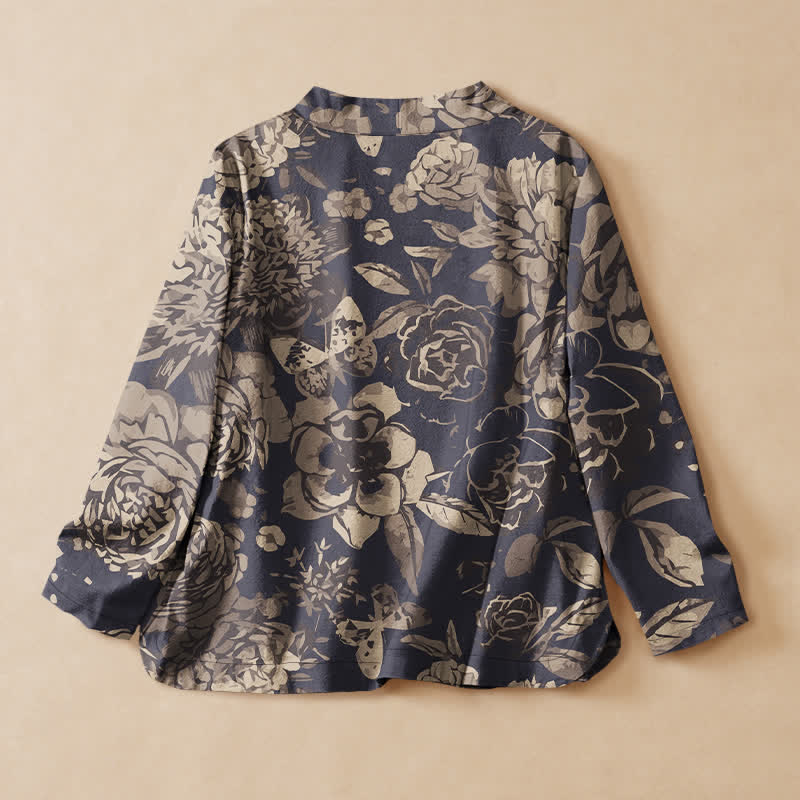 Buddha Stones Chemises à manches longues pour femmes, style Hanfu, en coton à imprimé floral vintage, col en V et lacets. - image 1