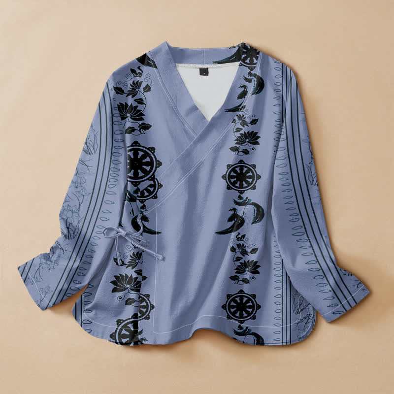 Buddha Stones Chemise kimono à manches longues pour femme, en coton, à motif floral bohème et col en V cache-cœur. - Bleu ciel clair - US16，UK/AU20，EU48 (3XL) - image 0