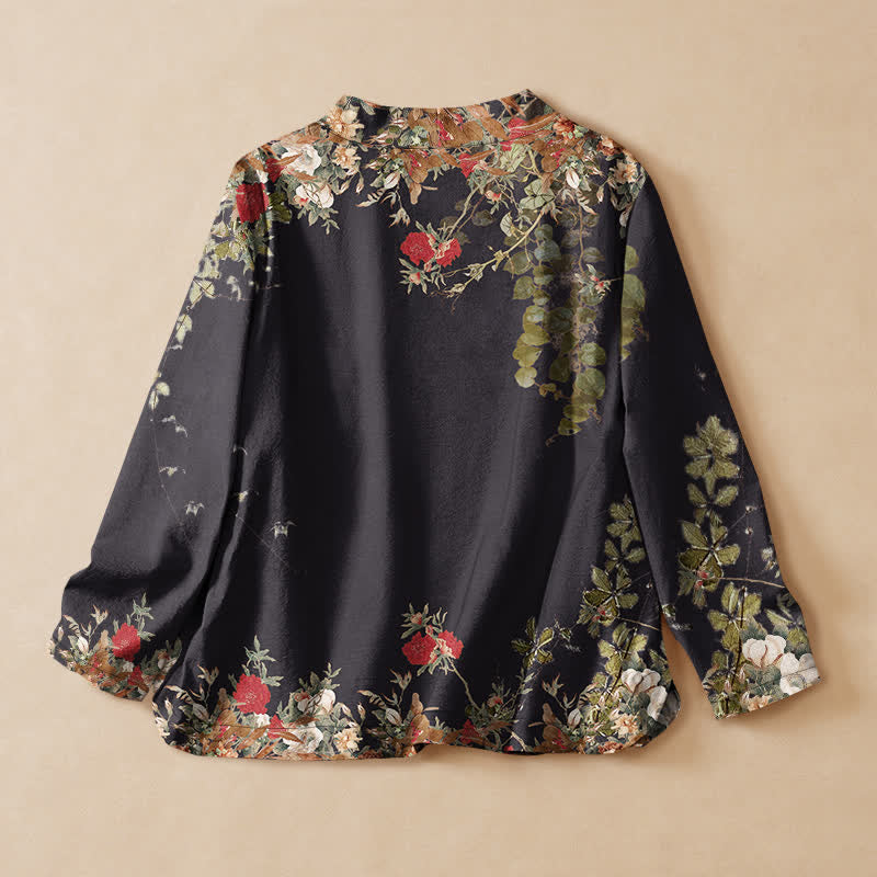 Buddha Stones Kimono en coton à motif floral oriental cache-cœur, col en V et lacets, manches longues - image 1