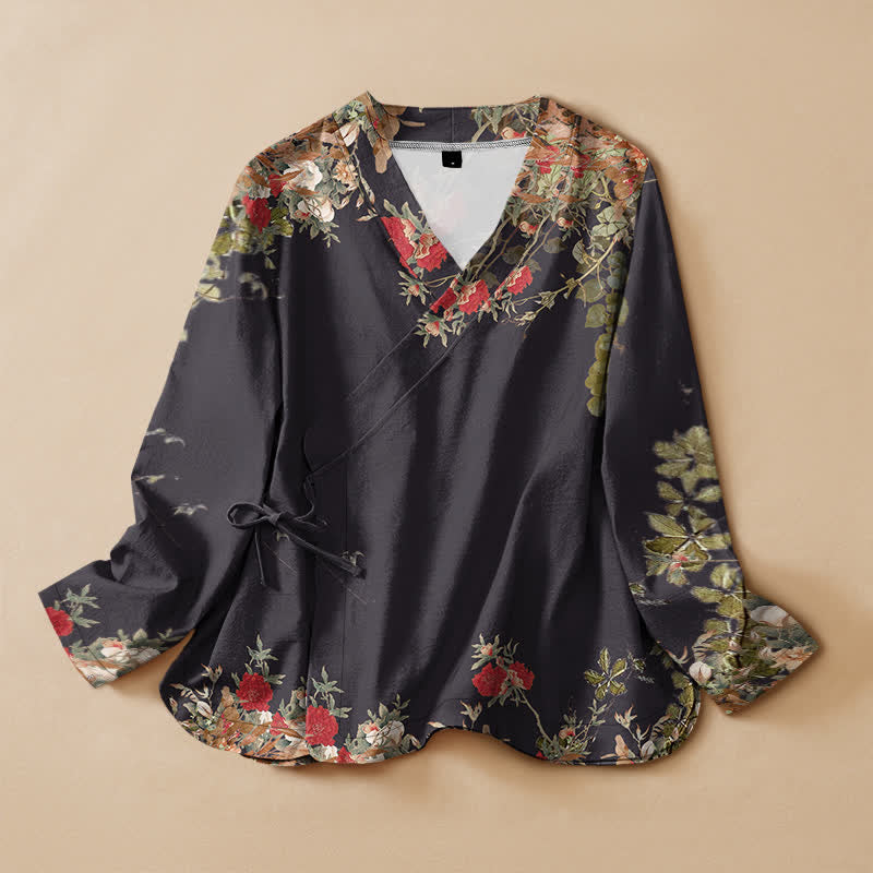 Buddha Stones Kimono en coton à motif floral oriental cache-cœur, col en V et lacets, manches longues - Noir - US16，UK/AU20，EU48 (3XL) - image 0