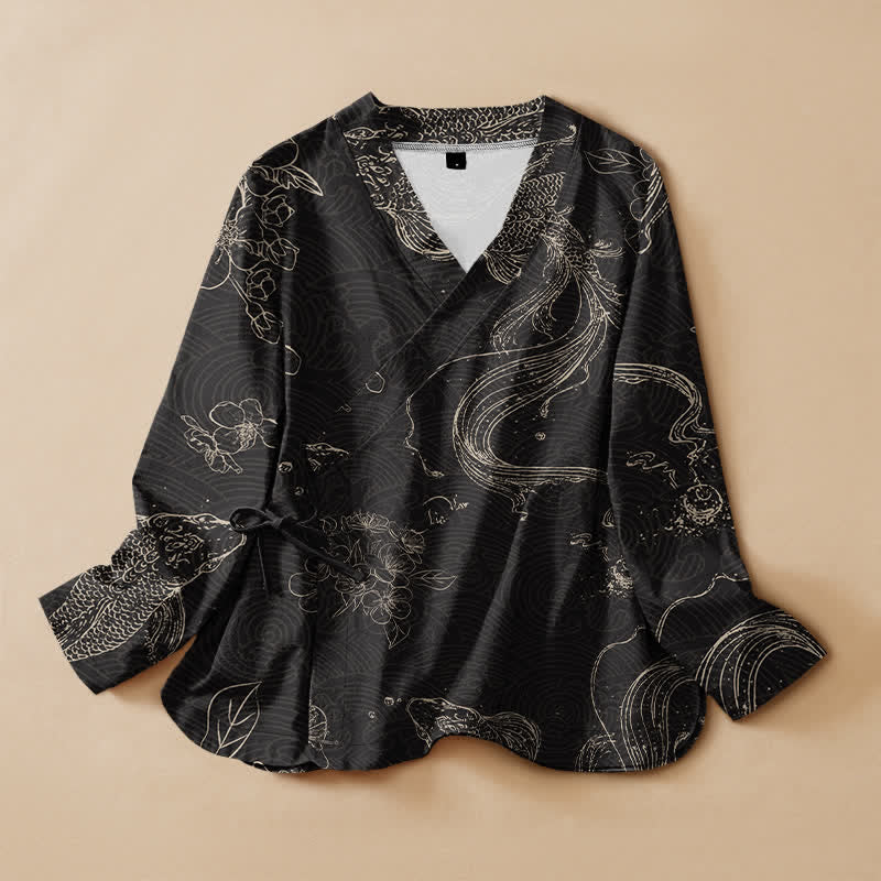 Buddha Stones Kimono à manches longues pour femme, en coton à motif floral koi, col en V cache-cœur et lacets - Noir - US16，UK/AU20，EU48 (3XL) - image 0