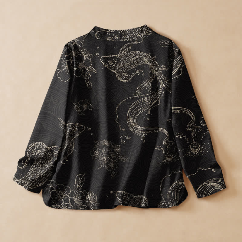 Buddha Stones Kimono à manches longues pour femme, en coton à motif floral koi, col en V cache-cœur et lacets - image 1