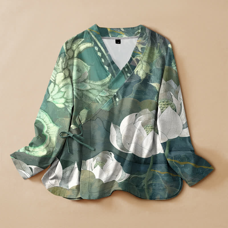 Buddha Stones Kimono à manches longues pour femme, imprimé feuilles de lotus blanches en coton, style Hanfu, col en V, lacé - Vert mer moyen - US16，UK/AU20，EU48 (3XL) - image 0