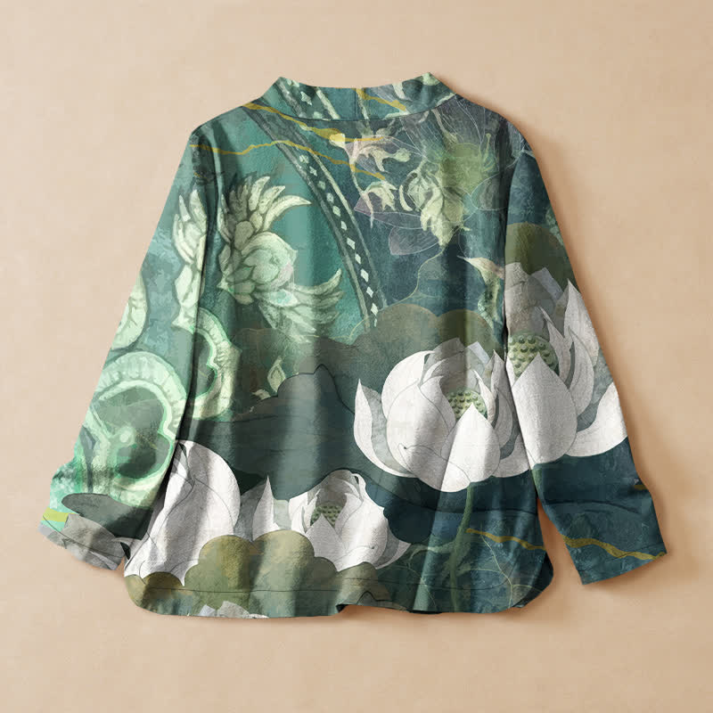 Buddha Stones Kimono à manches longues pour femme, imprimé feuilles de lotus blanches en coton, style Hanfu, col en V, lacé - image 1
