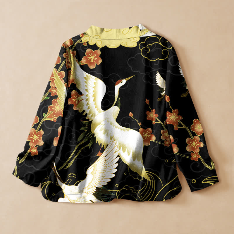 Buddha Stones Kimono à manches longues pour femme, imprimé floral de grues blanches en coton, style Hanfu, col en V, lacé - image 1
