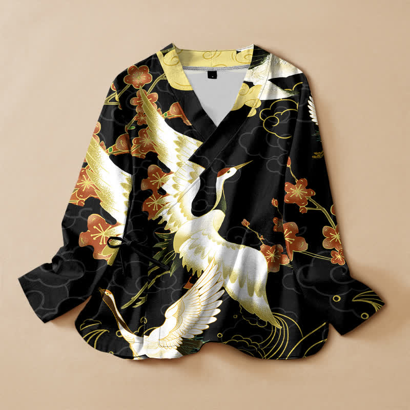 Buddha Stones Kimono à manches longues pour femme, imprimé floral de grues blanches en coton, style Hanfu, col en V, lacé - Noir - US16，UK/AU20，EU48 (3XL) - image 0