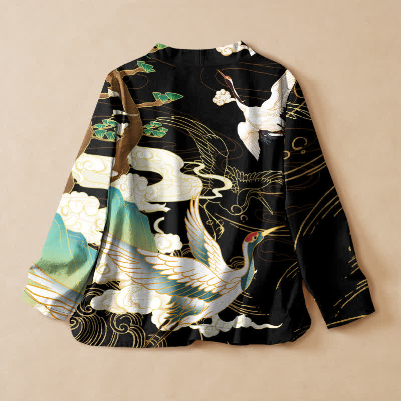 Buddha Stones Kimono en coton imprimé grues et nuages ​​orientaux, col en V cache-cœur, manches longues - image 1