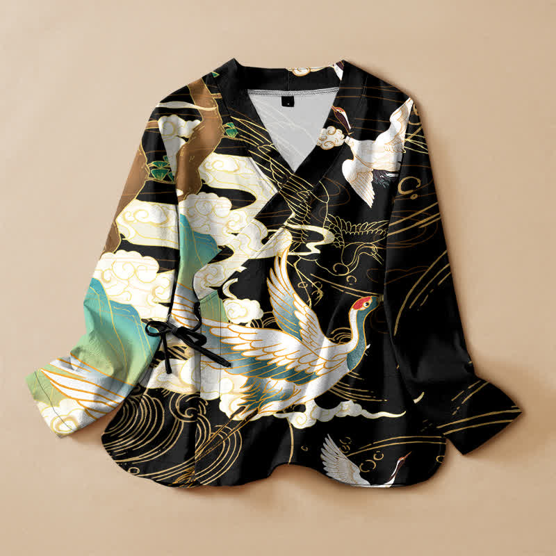 Buddha Stones Kimono en coton imprimé grues et nuages ​​orientaux, col en V cache-cœur, manches longues - Noir - US16，UK/AU20，EU48 (3XL) - image 0