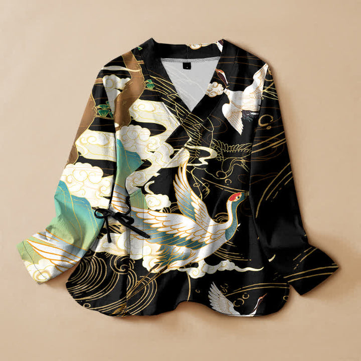Buddha Stones Kimono en coton imprimé grues et nuages ​​orientaux, col en V cache-cœur, manches longues - Noir - US16，UK/AU20，EU48 (3XL) - image 0
