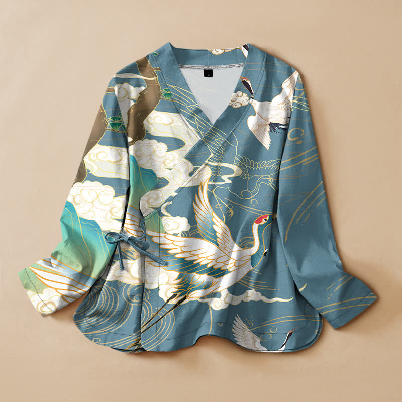 Buddha Stones Kimono en coton imprimé grues et nuages ​​orientaux, col en V cache-cœur, manches longues - CadetBlue - US16，UK/AU20，EU48 (3XL) - image 5