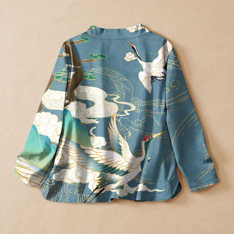 Buddha Stones Kimono en coton imprimé grues et nuages ​​orientaux, col en V cache-cœur, manches longues - image 6