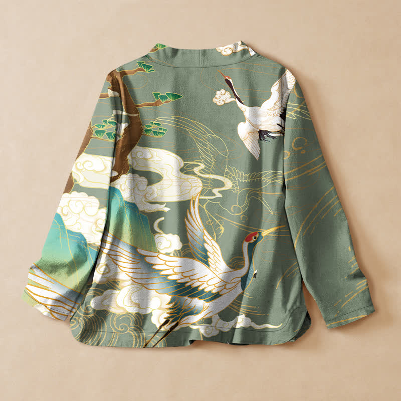 Buddha Stones Kimono en coton imprimé grues et nuages ​​orientaux, col en V cache-cœur, manches longues - image 8