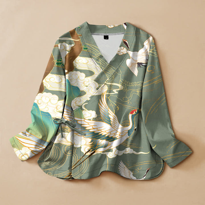 Buddha Stones Kimono en coton imprimé grues et nuages ​​orientaux, col en V cache-cœur, manches longues - Vert foncé - US16，UK/AU20，EU48 (3XL) - image 7