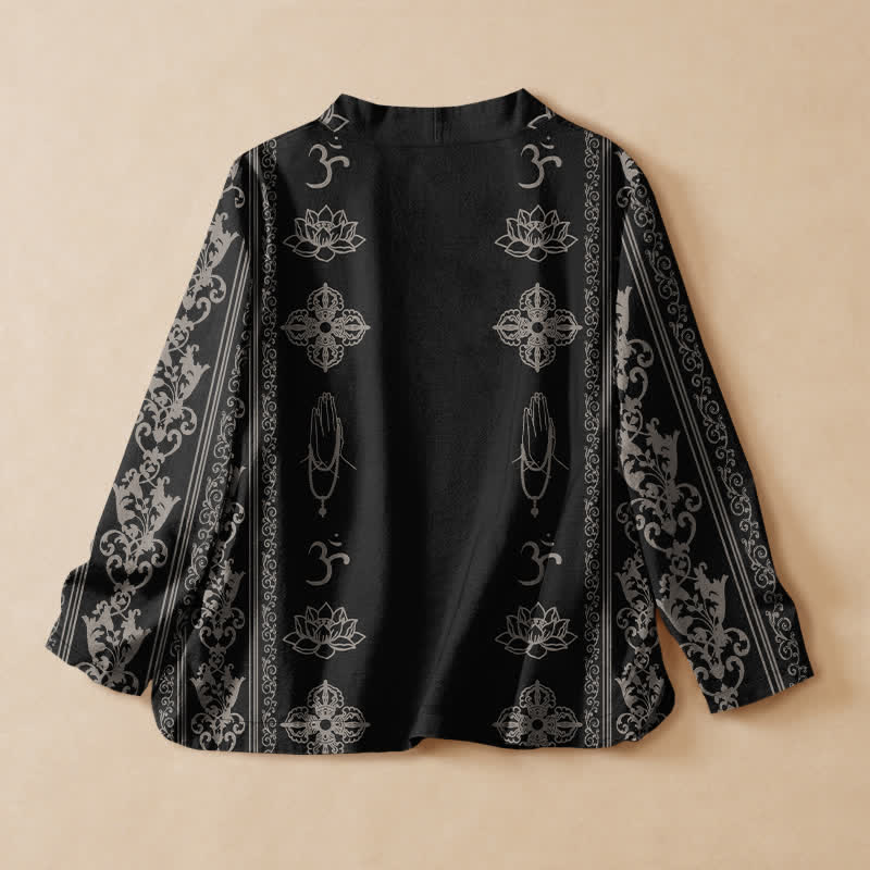 Buddha Stones Kimono à manches longues pour femme, imprimé lotus Om, style Hanfu, col en V, lacé, en coton. - image 1