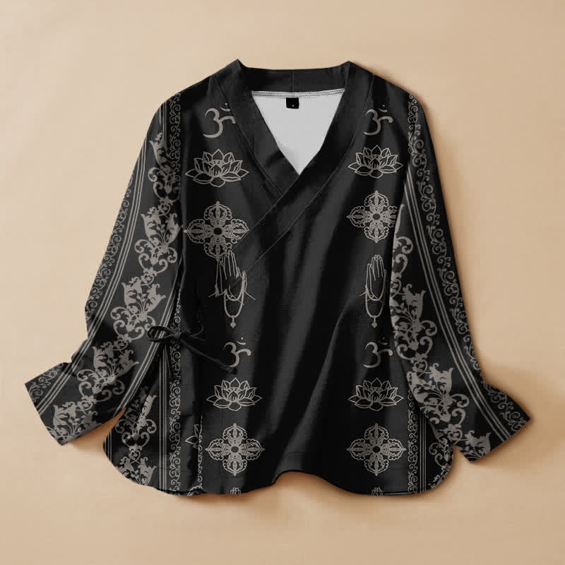 Buddha Stones Kimono à manches longues pour femme, imprimé lotus Om, style Hanfu, col en V, lacé, en coton. - Noir - US16，UK/AU20，EU48 (3XL) - image 0