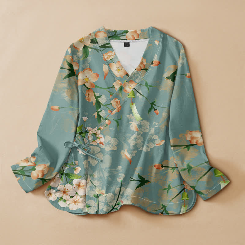 Buddha Stones Kimono pour femme en coton imprimé fleurs de cerisier et oiseaux, col en V, manches longues, à lacets - Turquoise moyen - US16，UK/AU20，EU48 (3XL) - image 0