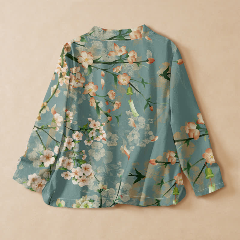 Buddha Stones Kimono pour femme en coton imprimé fleurs de cerisier et oiseaux, col en V, manches longues, à lacets - image 1