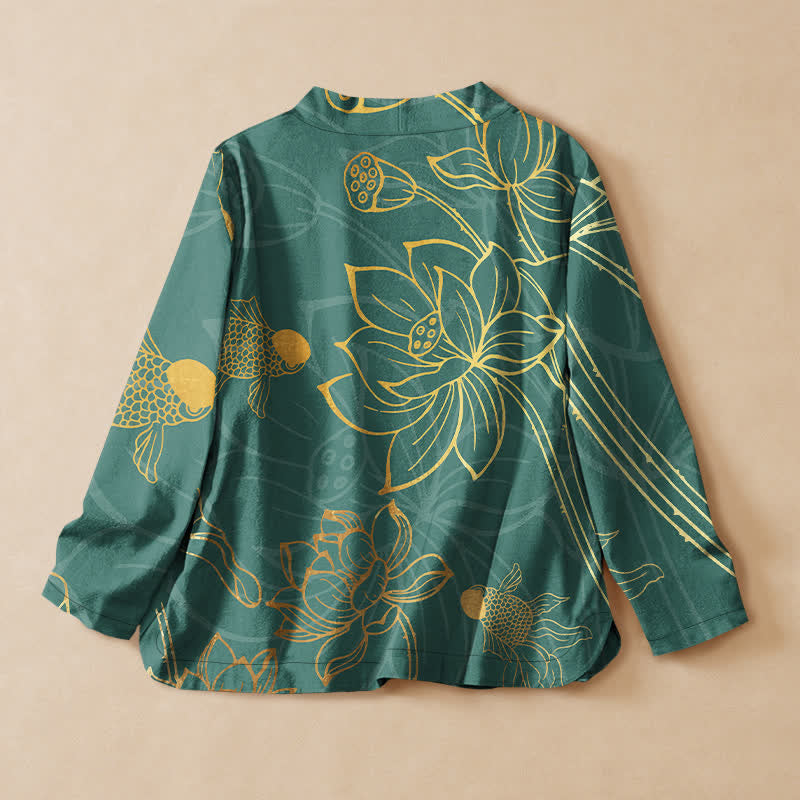 Buddha Stones Kimono à manches longues pour femme, imprimé lotus et poissons, col en V, lacé, en coton. - image 1