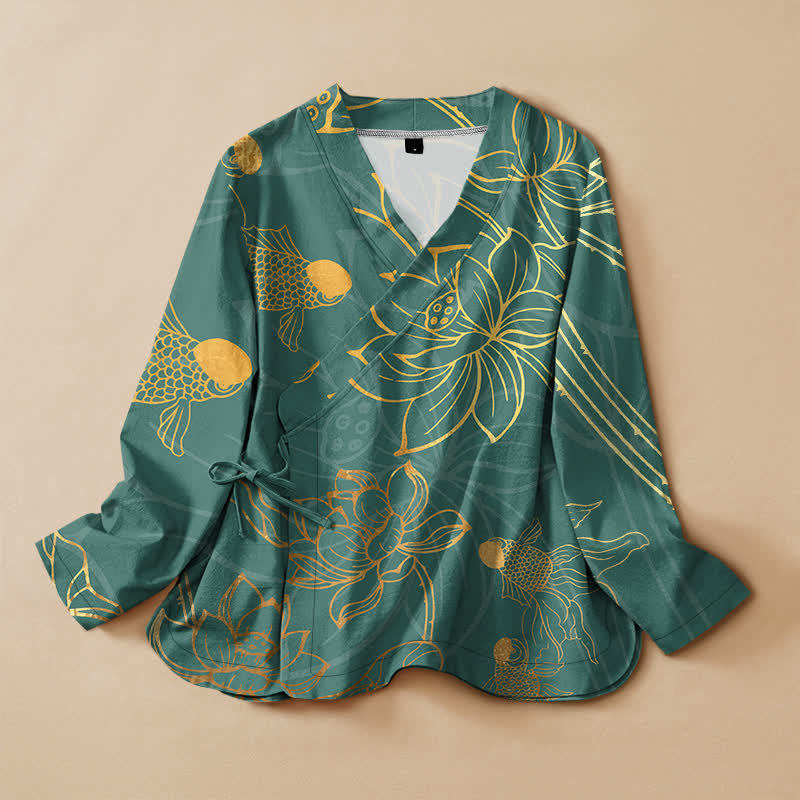 Buddha Stones Kimono à manches longues pour femme, imprimé lotus et poissons, col en V, lacé, en coton. - Sarcelle - US16，UK/AU20，EU48 (3XL) - image 0