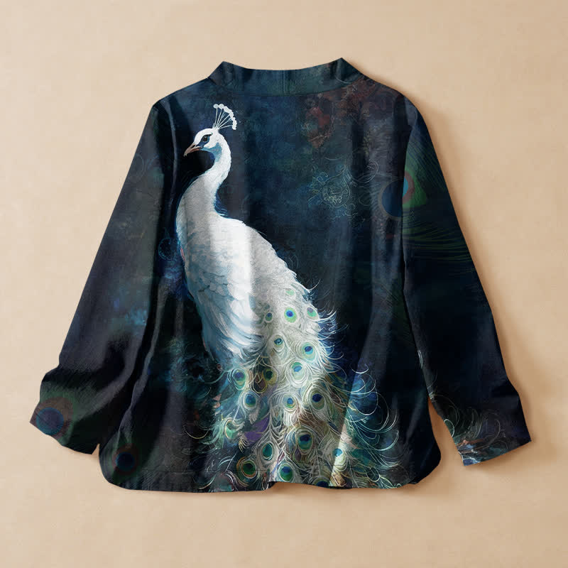 Buddha Stones Kimono à manches longues pour femme, en coton à motif plumes de paon, col en V cache-cœur et lacets - image 1