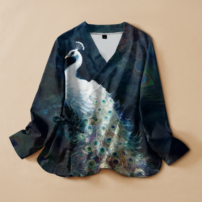 Buddha Stones Kimono à manches longues pour femme, en coton à motif plumes de paon, col en V cache-cœur et lacets - Bleu nuit - US16，UK/AU20，EU48 (3XL) - image 0