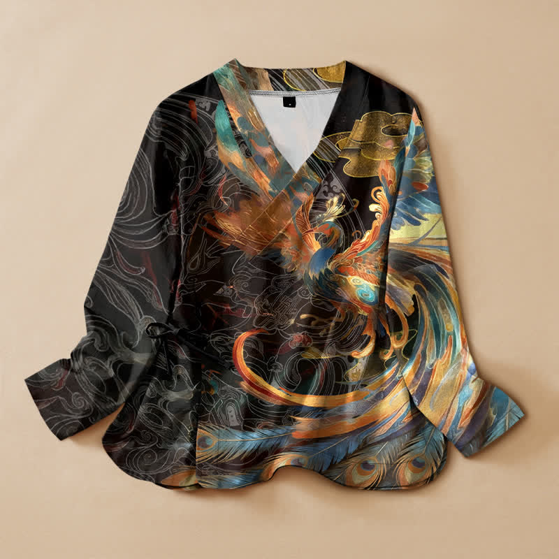 Buddha Stones Kimono à manches longues pour femme, imprimé nuage de phénix doré, style Hanfu, col en V, lacé, en coton. - Noir - US16，UK/AU20，EU48 (3XL) - image 0