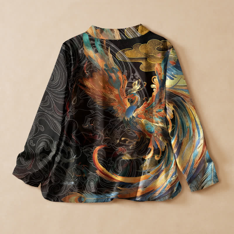 Buddha Stones Kimono à manches longues pour femme, imprimé nuage de phénix doré, style Hanfu, col en V, lacé, en coton. - image 1