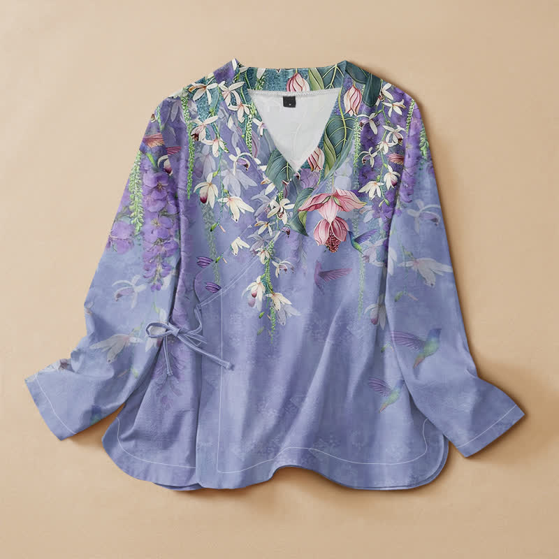 Buddha Stones Kimono pour femme en coton lavande à imprimé floral colibri, col en V et lacets, manches longues - Bleu ardoise moyen - US16，UK/AU20，EU48 (3XL) - image 0