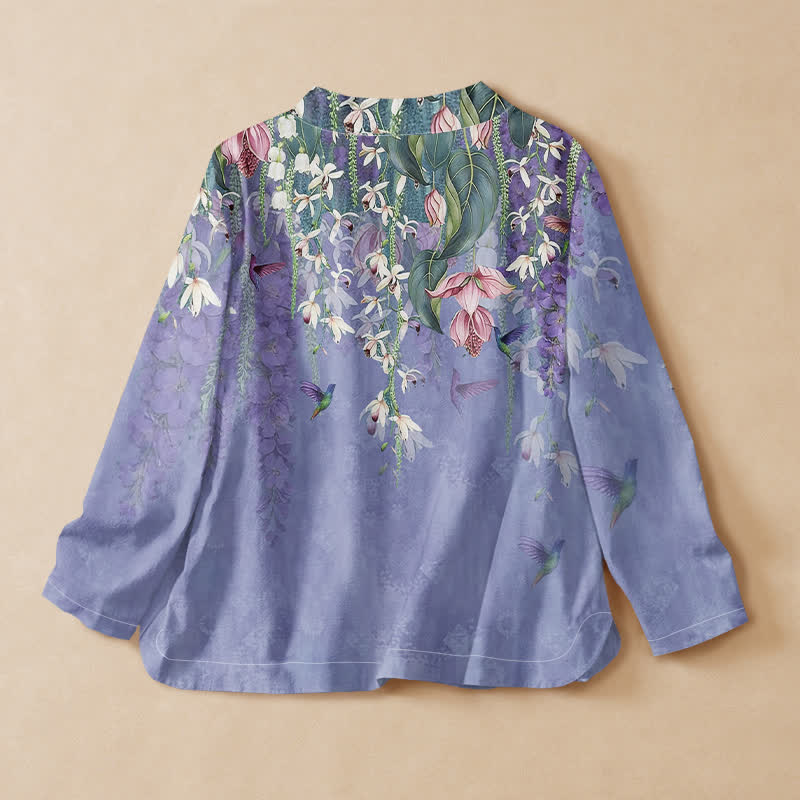 Buddha Stones Kimono pour femme en coton lavande à imprimé floral colibri, col en V et lacets, manches longues - image 1