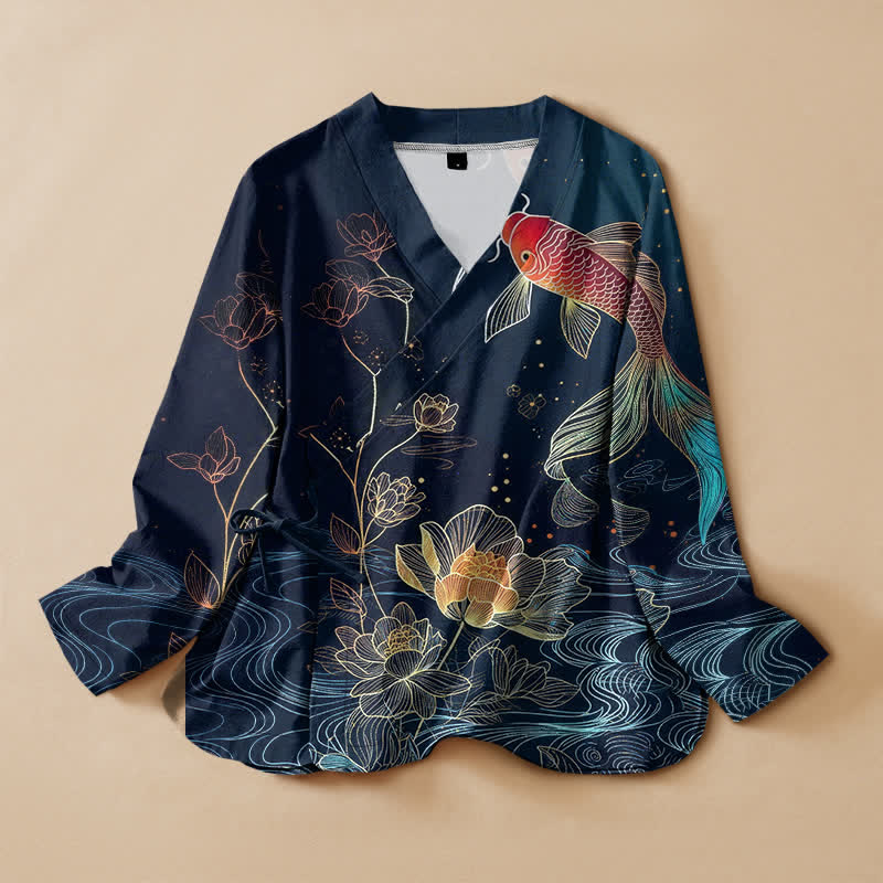 Buddha Stones Kimono à manches longues pour femme, imprimé lotus et carpes koï, col en V, lacé - Marine - US16，UK/AU20，EU48 (3XL) - image 0