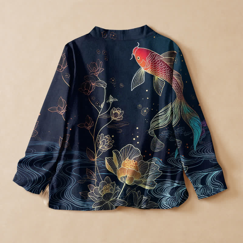 Buddha Stones Kimono à manches longues pour femme, imprimé lotus et carpes koï, col en V, lacé - image 1