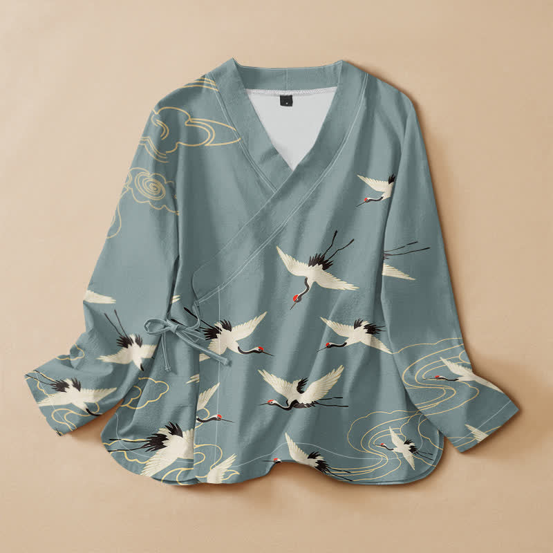 Buddha Stones Kimono pour femme en coton rouge imprimé grue à couronne, col en V, manches longues, style Hanfu - Bleu poudré - US16，UK/AU20，EU48 (3XL) - image 0