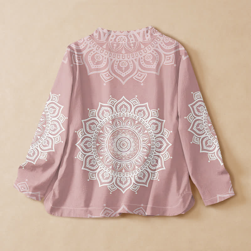 Buddha Stones Kimono à manches longues pour femme, imprimé mandala blanc en coton, style Hanfu, col en V, lacé - image 1