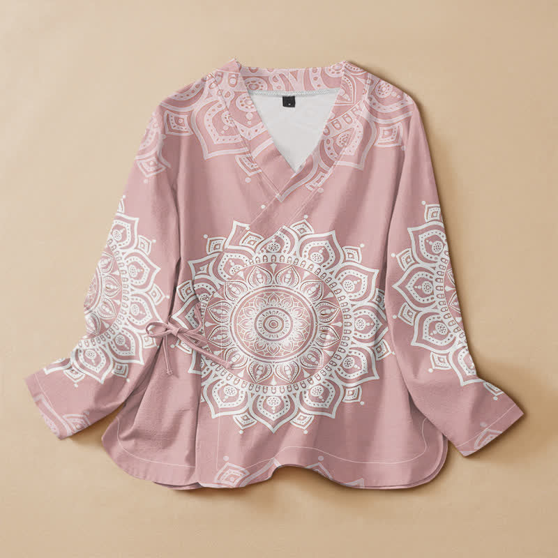 Buddha Stones Kimono à manches longues pour femme, imprimé mandala blanc en coton, style Hanfu, col en V, lacé - Rose clair - US16，UK/AU20，EU48 (3XL) - image 0