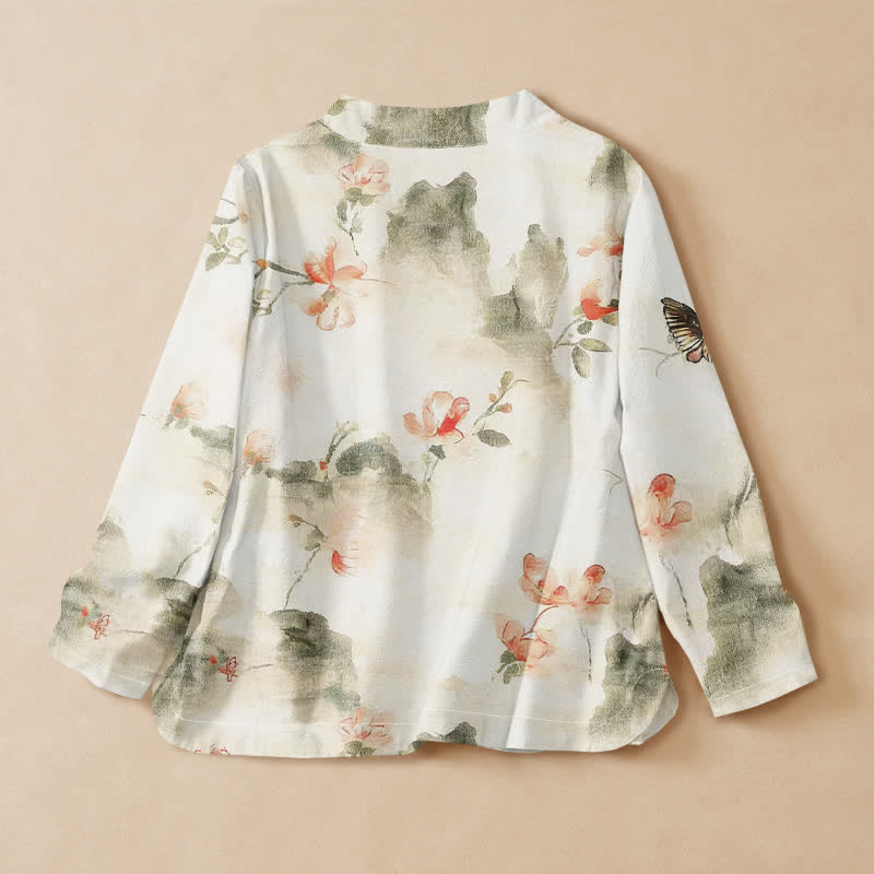 Buddha Stones Kimono à manches longues pour femme, imprimé floral papillon en coton, style Hanfu, col en V, lacé - image 1
