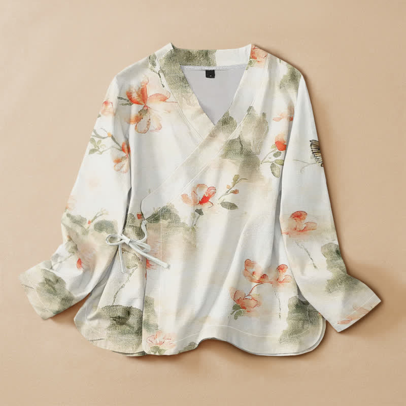 Buddha Stones Kimono à manches longues pour femme, imprimé floral papillon en coton, style Hanfu, col en V, lacé - Ivoire - US16，UK/AU20，EU48 (3XL) - image 0