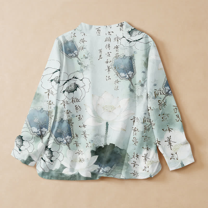Buddha Stones Kimono pour femme à manches longues, imprimé calligraphie lotus à l'encre de coton, style Hanfu, col en V, lacé - image 1