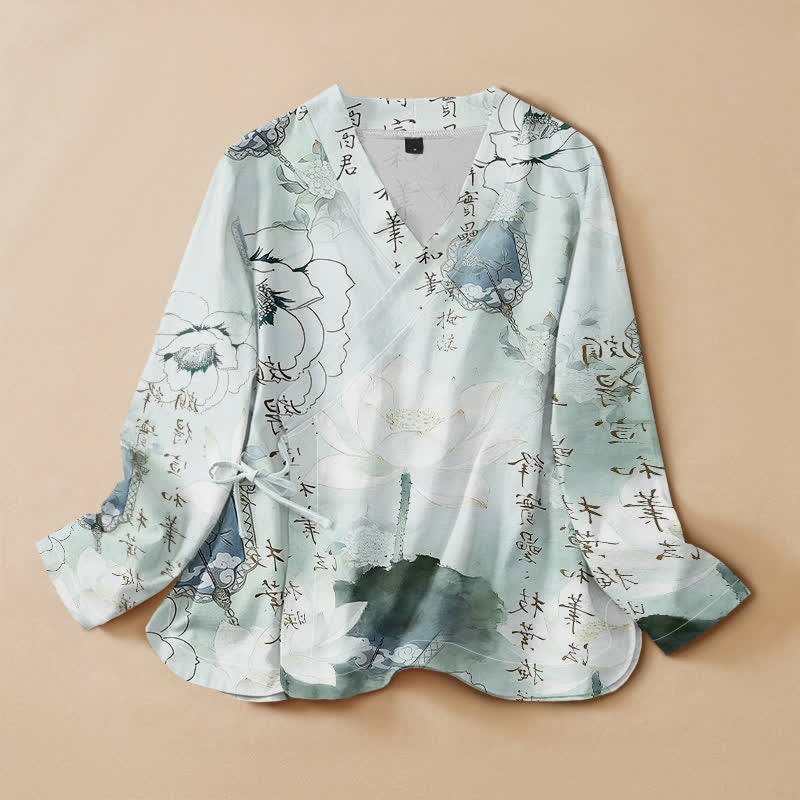 Buddha Stones Kimono pour femme à manches longues, imprimé calligraphie lotus à l'encre de coton, style Hanfu, col en V, lacé - AliceBlue - US16，UK/AU20，EU48 (3XL) - image 0