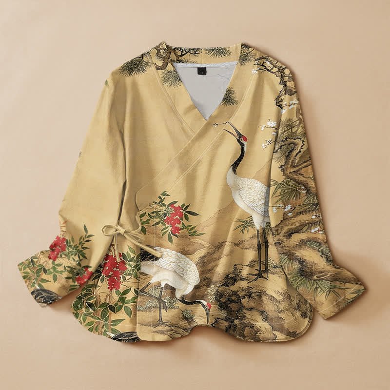 Buddha Stones Kimono pour femme en coton imprimé de grues et de fleurs de pin, col en V, manches longues, style Hanfu - verge d'or - US16，UK/AU20，EU48 (3XL) - image 0