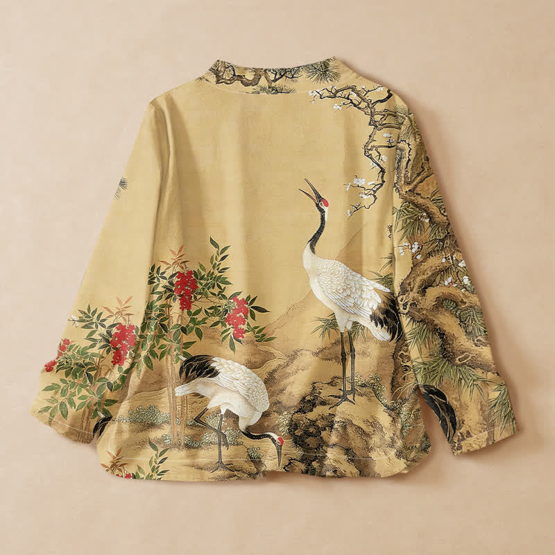 Buddha Stones Kimono pour femme en coton imprimé de grues et de fleurs de pin, col en V, manches longues, style Hanfu - image 1