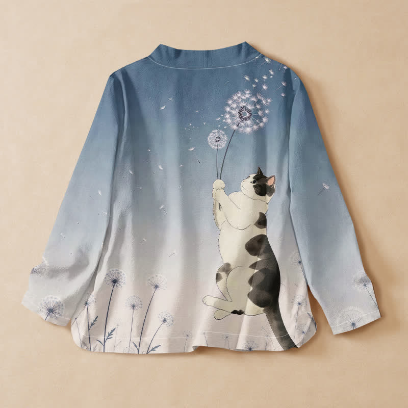 Buddha Stones Kimono à manches longues pour femme, imprimé pissenlit, style Hanfu, col en V, lacé, en coton imprimé pissenlit - image 1
