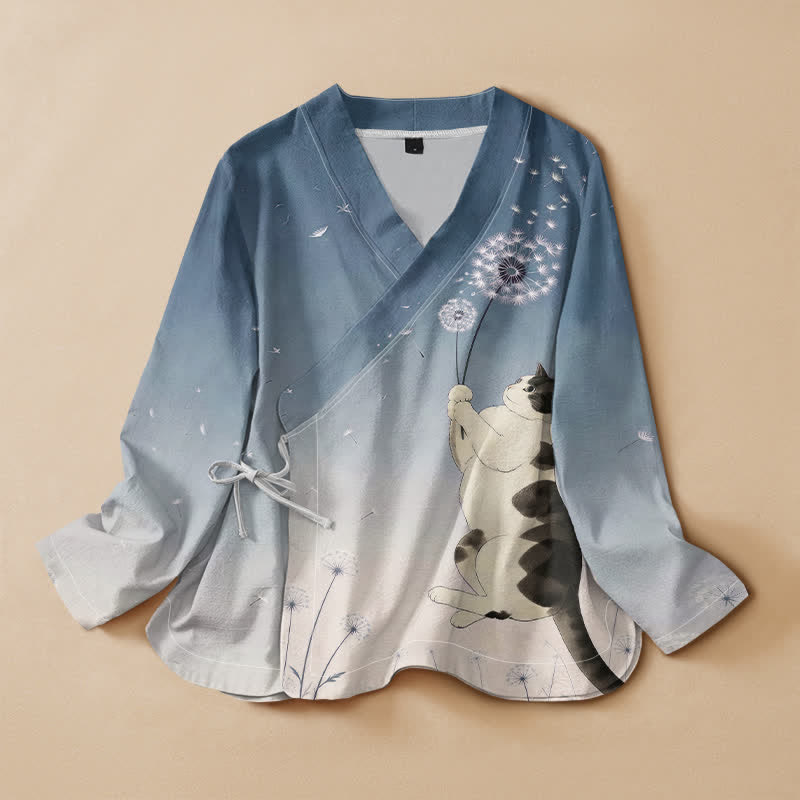 Buddha Stones Kimono à manches longues pour femme, imprimé pissenlit, style Hanfu, col en V, lacé, en coton imprimé pissenlit - SteelBlue - US16，UK/AU20，EU48 (3XL) - image 0