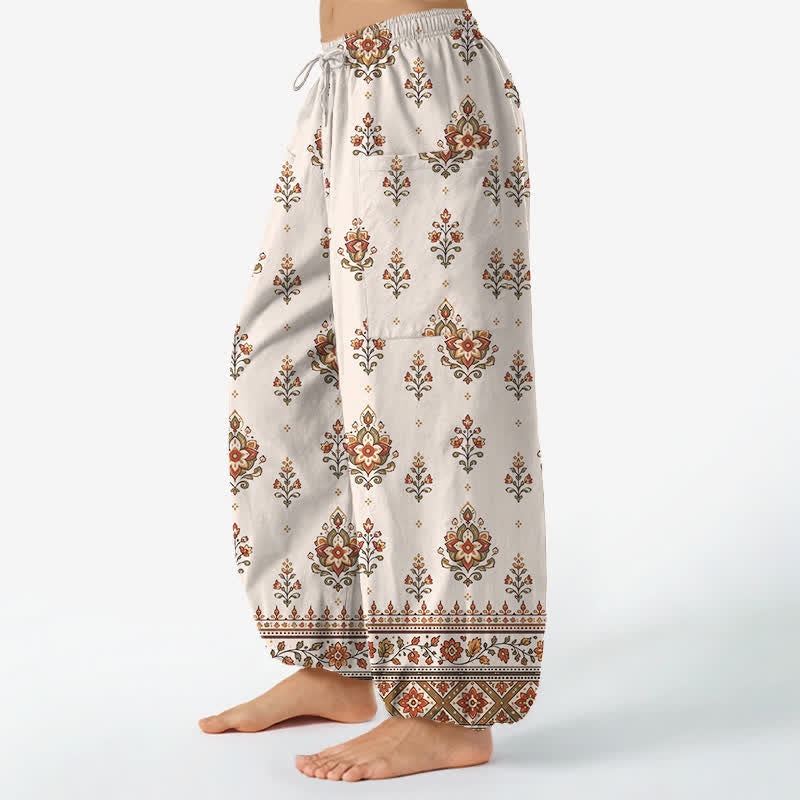 Buddha Stones Pantalon harem bohème en coton à motif floral ethnique, taille élastique et poches latérales - image 1