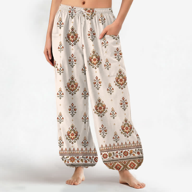Buddha Stones Pantalon harem bohème en coton à motif floral ethnique, taille élastique et poches latérales - Beige - US16，UK/AU20，EU48 (3XL) - image 0