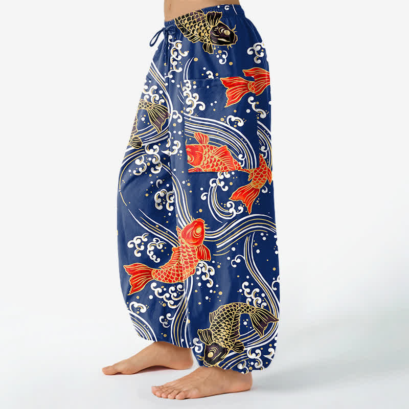 Buddha Stones Pantalon harem pour femme en coton à motif de vagues Koi, taille élastique et poches latérales - image 1