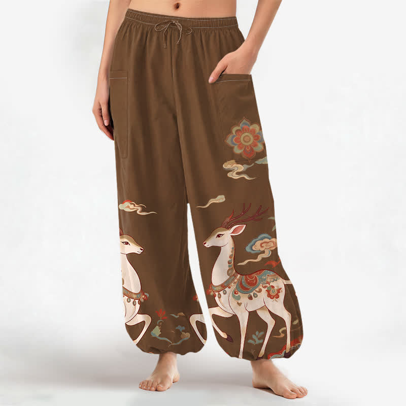 Buddha Stones Pantalon harem pour femme en coton à motif cerf et nuage de style bohème, taille élastique et poches latérales - Terre de sienne - US16，UK/AU20，EU48 (3XL) - image 0