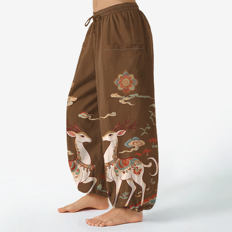 Buddha Stones Pantalon harem pour femme en coton à motif cerf et nuage de style bohème, taille élastique et poches latérales - image 1