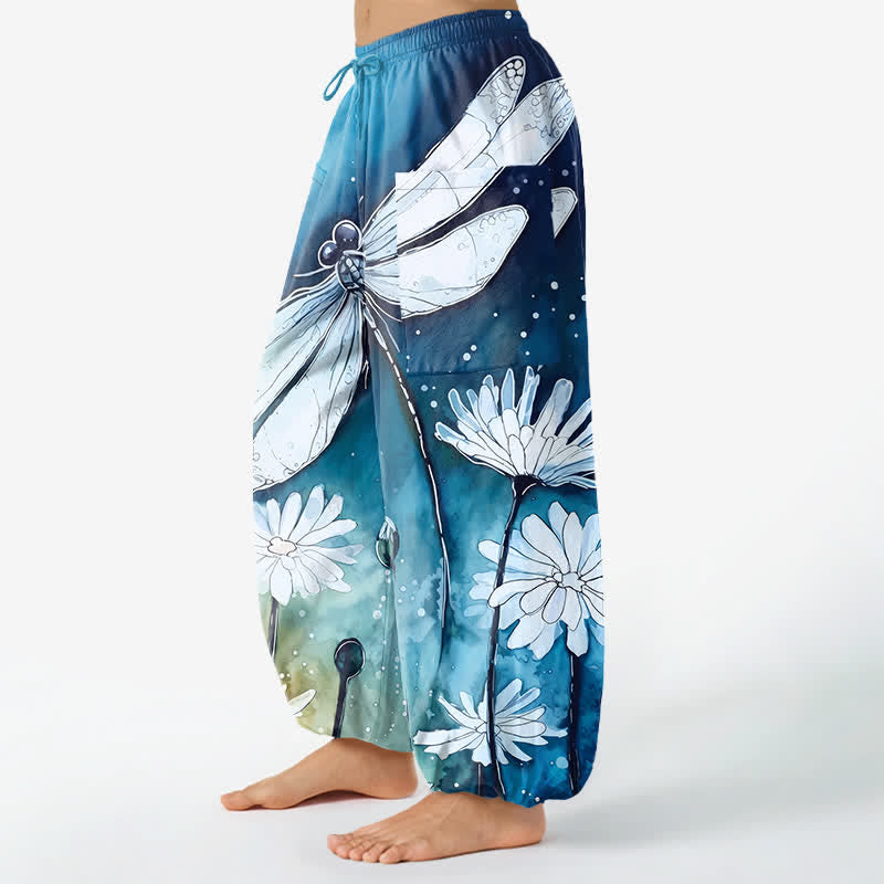 Buddha Stones Pantalon harem pour femme en coton à motif aquarelle libellule et marguerite, taille élastique et poches latérales - image 1