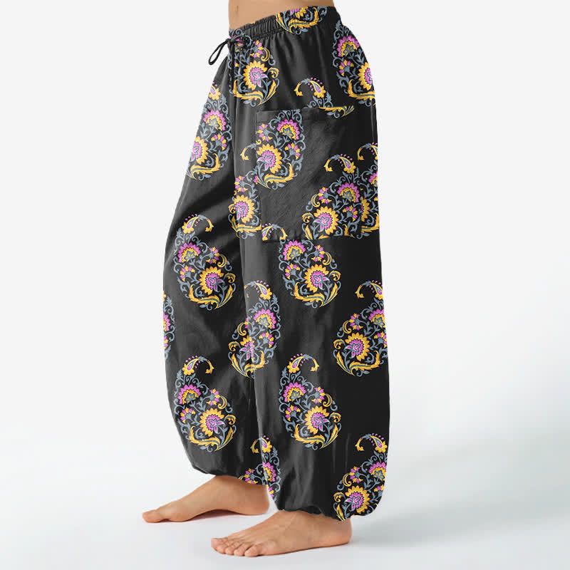 Buddha Stones Pantalon harem pour femme en coton à motif cachemire persan bohème et taille élastique avec poches latérales - image 1