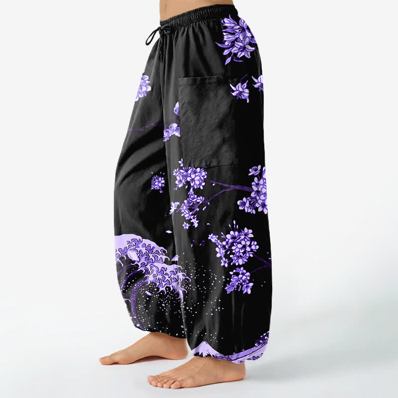 Buddha Stones Pantalon harem pour femme en coton à motif de vagues Ukiyo-e Bloom, taille élastique et poches latérales - image 1